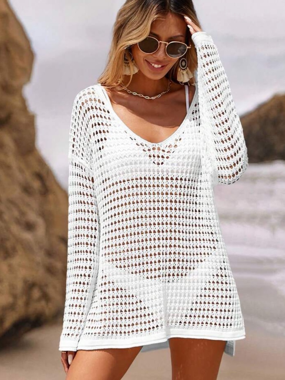 White Crochet Beach Cover-Up Sweater - Women's Swim